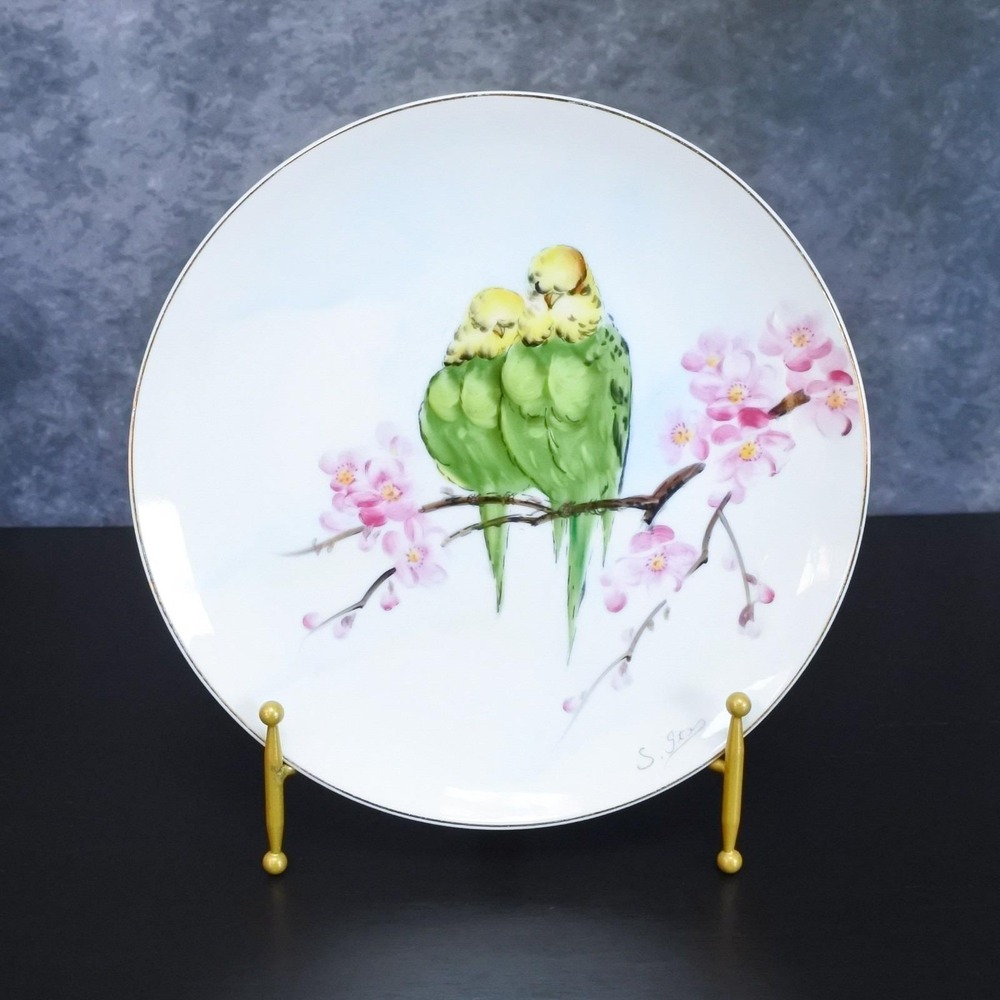 Vintage Japanese 1960s Hand Painted Green Yellow Parakeet Budgie Bird Art Plate